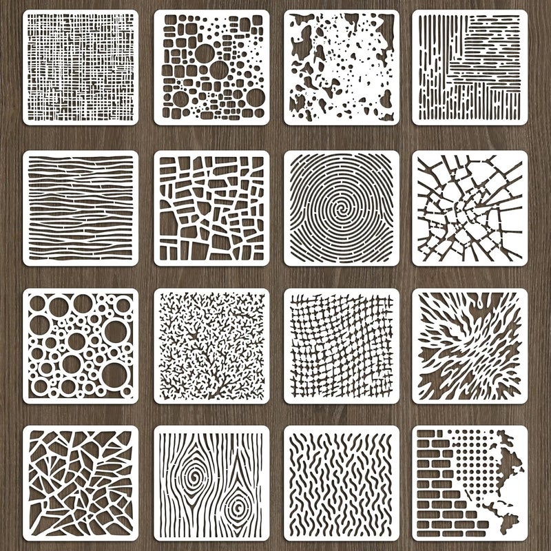 beinkmake 16Pcs Mixed Texture Stencil PET Painting Templates Tree Bubble Waves Inlay Border Stencils for Furniture Reusable DIY Craft for Wall Wood Fabric Canvas Paper Home Decor 7.87inch - Image 1